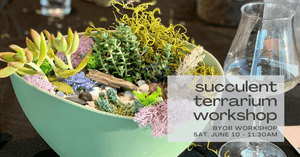 green planters with a variety of succulents, rocks, and moss in photo in background - text in foreground reads succulent terrarium workshop byob workshop saturday june 10 - 1130am at indigo and violet studio
