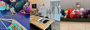 additional yarn wall hanging photos - wooden table inside the studio and rainbow assortment of yarn available for this creative byob activity